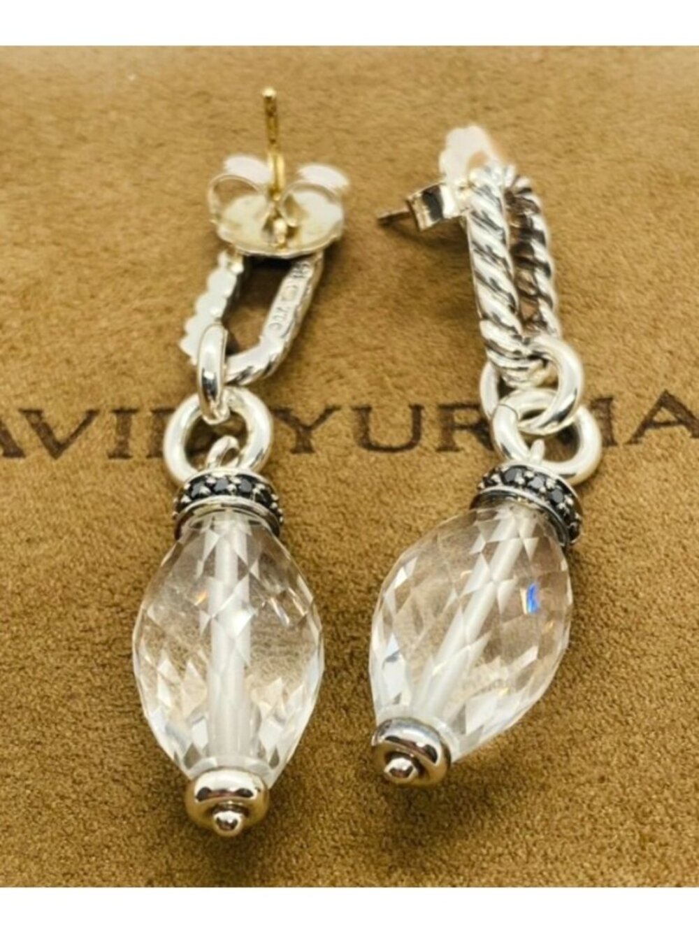 David Yurman Clear Crystal Diamond Drop Earrings Sterling Silver 925 and 18K